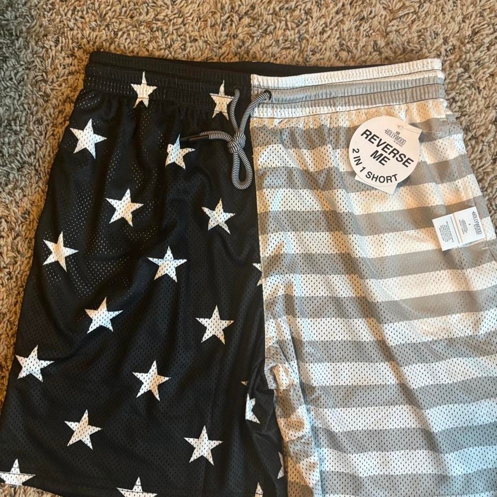 Hollywood Reversible Mesh Athletic Shorts Drawstring Men's M USA Stars Black